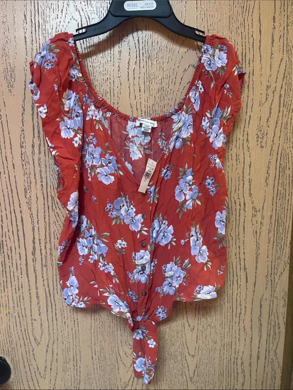 American Eagle Outfitters Red Floral Tie-Front Blouse with Lavender Flowers